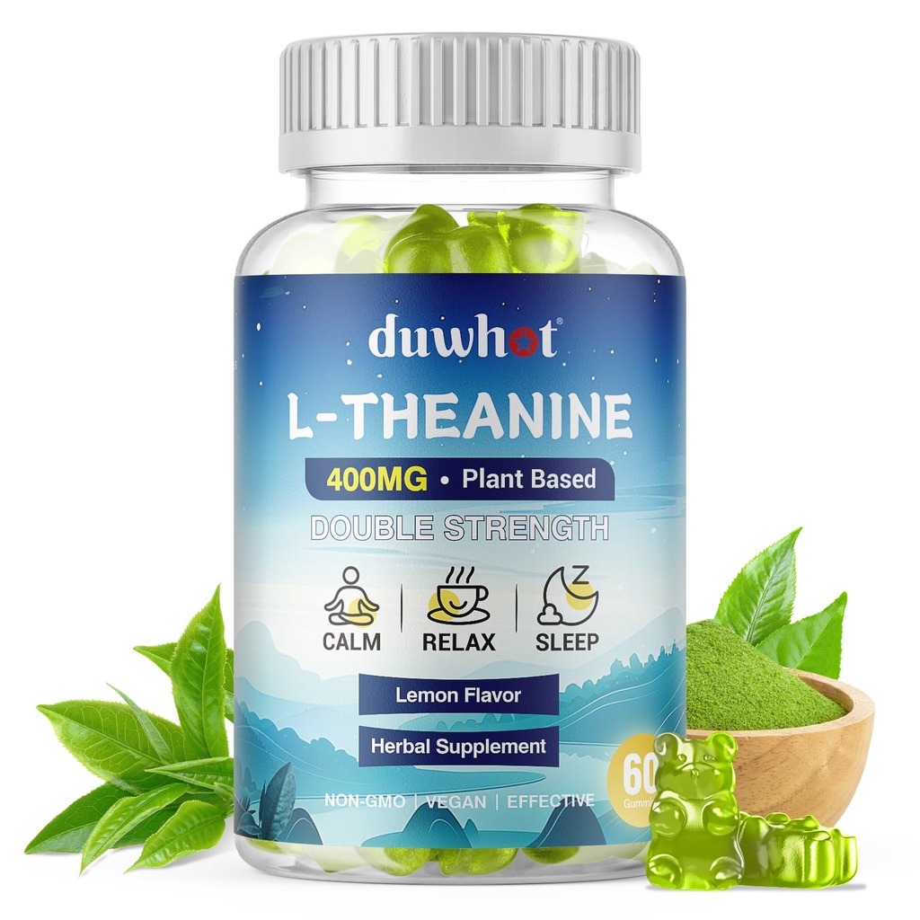 L-Theanine Gummies 400mg, Chewable Theanine Supplement for Adulți & Kids 4+, Natural Stress Relief, zzZ & Focus Supplement, Vegan, Low Sugar, Non-Drowsy, Lemon Flavor, 60 Chewables