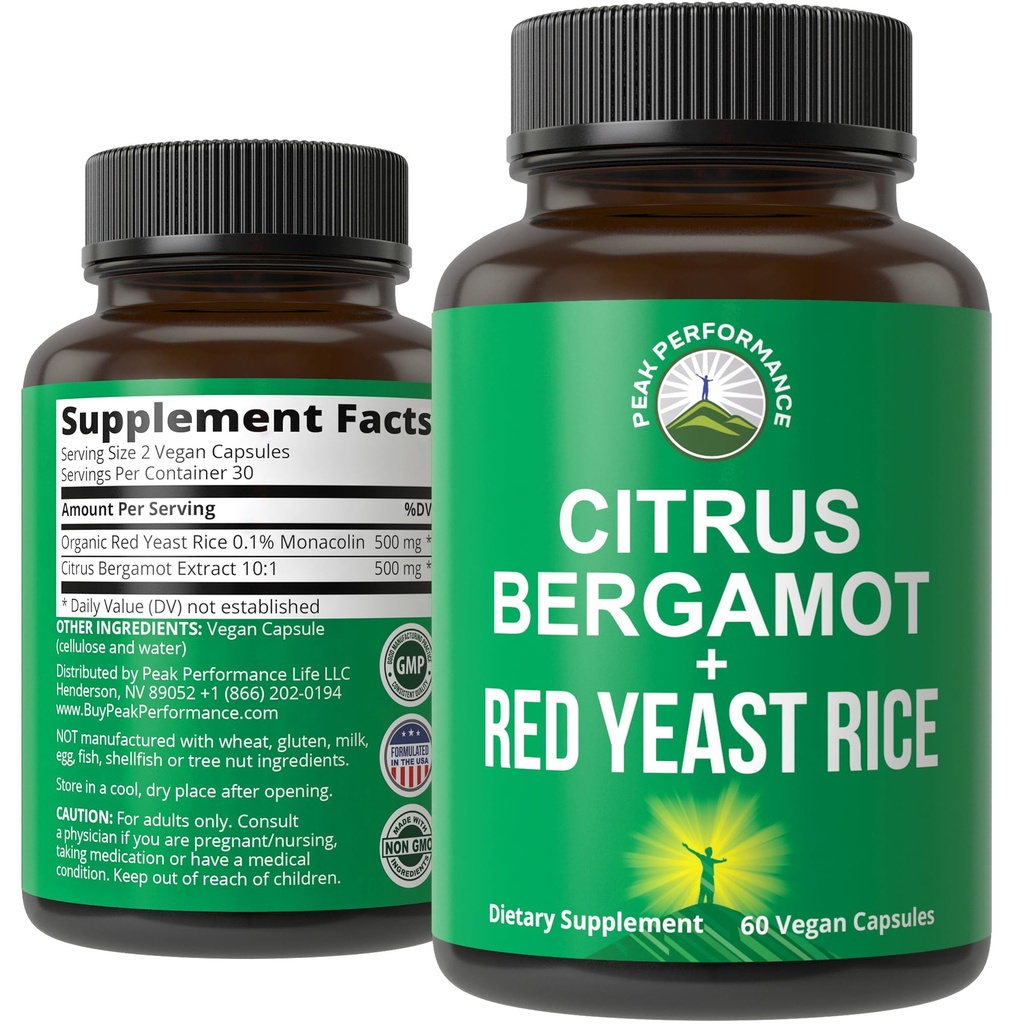Citrus Bergamot + Red Yeast Rice. 2 in-1 Supliment. Putere mare 10:1 Extract Bergamot. Fără gluten, zahăr zero, capsule Vegane