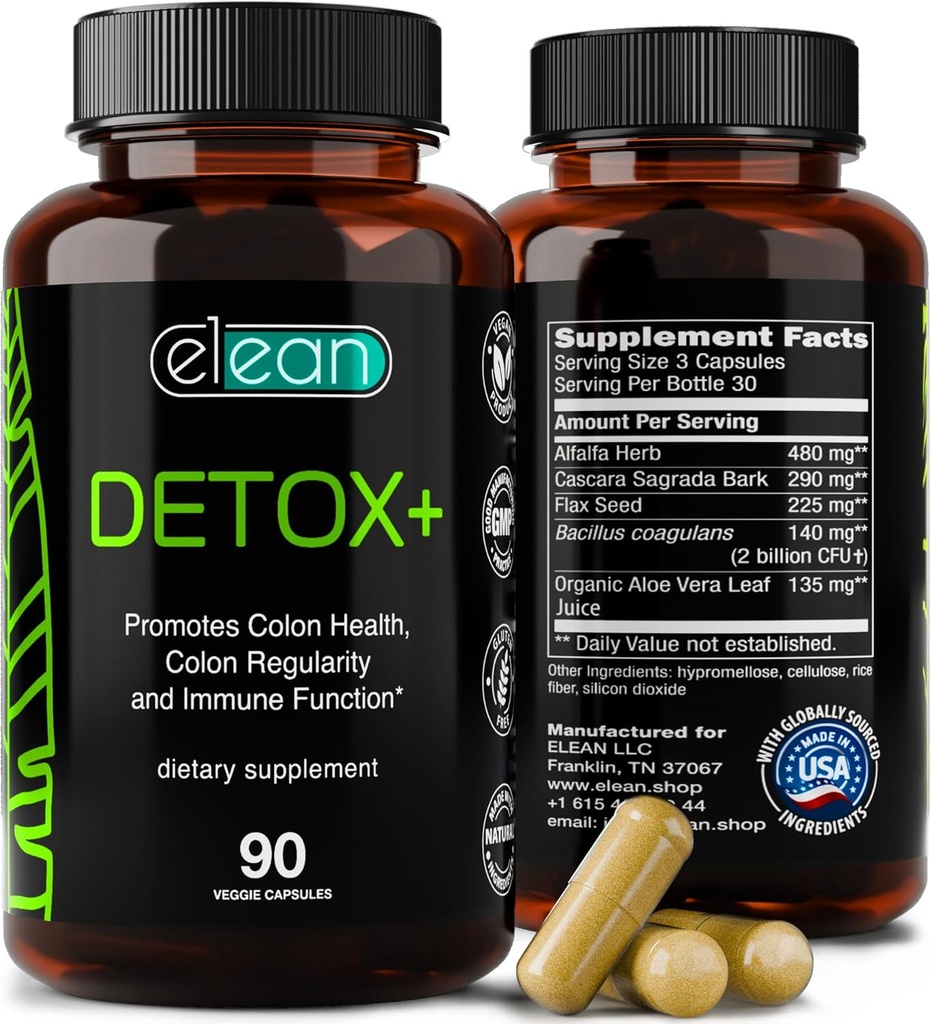 ELEAN Detoxifiere Plus Amestecat cu Probiotic, Alfalfa, Seminte de in, Organic Aloe Vera, Сascara Sagrada scoarta pentru Colon Cleanse, Gut Health, Digestive Health si Total Colon Care. 90 Capsule 30 zile Aprovizionare