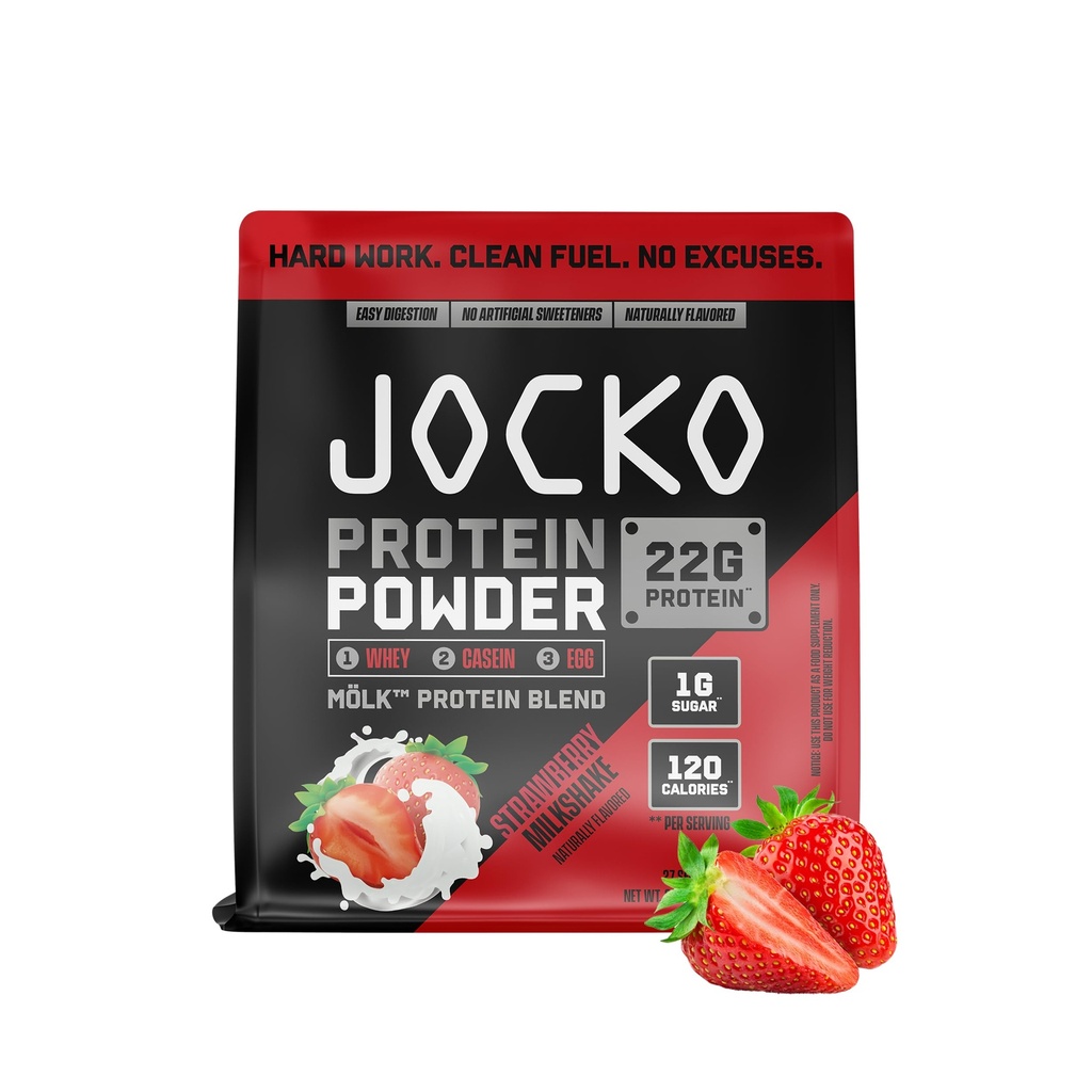 Jocko Fuel Mölk Whey Pudră de proteine 22g Low Sugar Monk Fruit Blend - Recuperare si crestere musculara, Ambalaj mai Vary (27 Servings, căpșuni Milkshake)