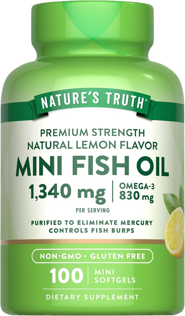 Nature's Truth Mini Fish Oil Omega 3 | 1340 mg | 100 Softgels | Burpless Lemon Flavor | Non-GMO & Gluten Free Supplement