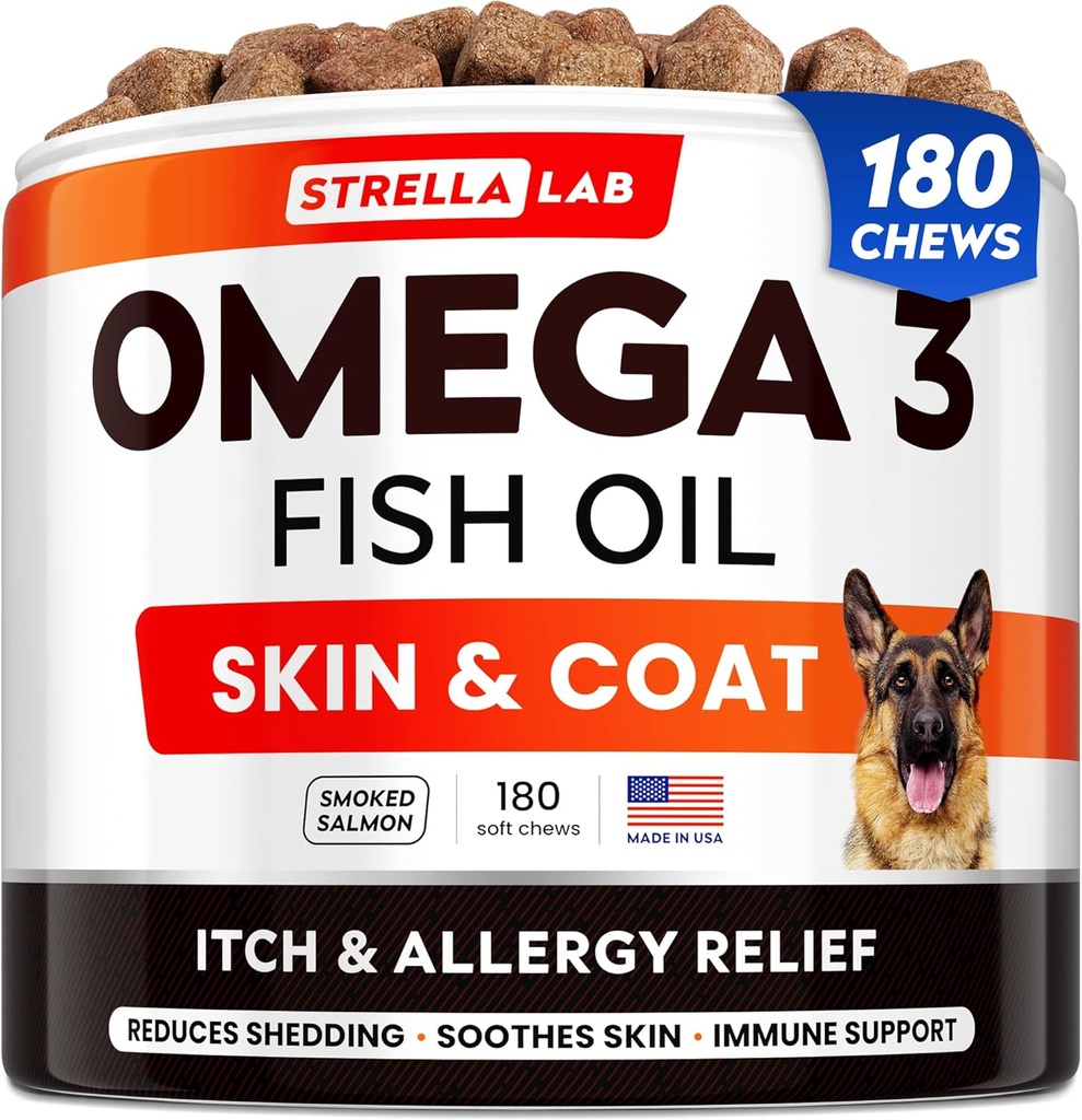 StrellaLab Omega 3 pentru câini - (180Ct) Tratamente de ulei de pește - Alergie și mâncărime Relief Skin & Coat Supliment - piele uscată mâncărime, tratament anti Shedding & Hot Spots - Pet Salmon Oil Chews - Aroma de somon afumat