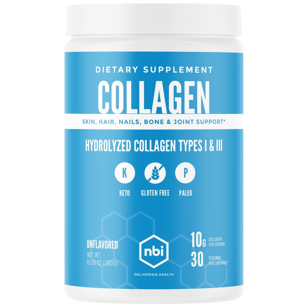 NBI Unflavored, Colagen Peptides Powder, Paleo- şi Keto Friendly, Tip I şi III Hidrolyzed Colagen, Amino Acids Supliment, Dairy Free, Soy Free, Gluten Free