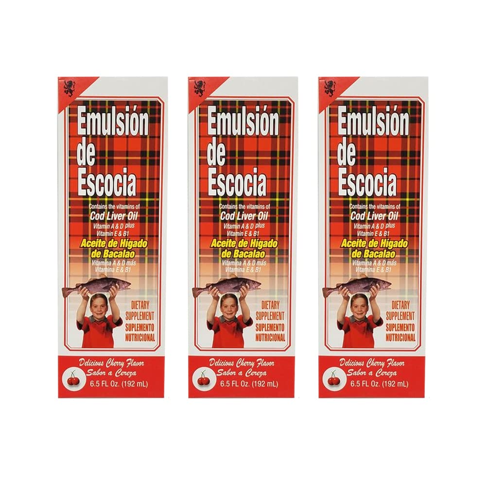Emulsie de Escocia Cod Ulei de Ficat Supliment alimentar. Bogat în vitamine A, D, E și B1. Cherry Aromatizat. 6. 5 Fl Oz / 192 ml. Cutie cu 3 flacoane