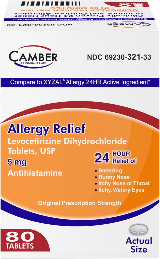 Camber Consumer Care Levocetirizina Dihidroclorhidrat 5 mg Antihistaminice comprimate, Comparativ cu Xyzal Ingredient activ, Alergie Relief Medicine (80 Conte)