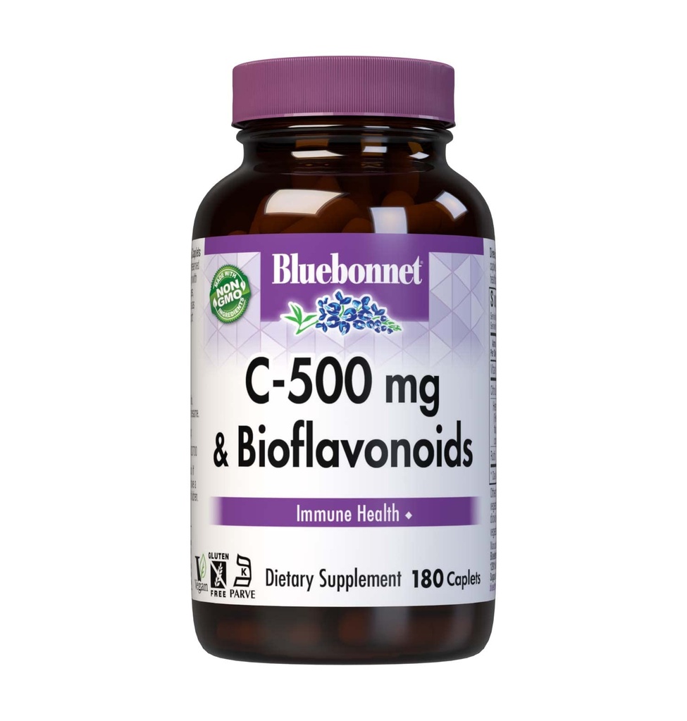 Bluebonnet Nutrition C-500 mg Plus Bioflavonoids Caplets, Vitamina C 500 mg, Citrus Bioflavonoids 250 mg, pentru Immune Health, Soy Free, Gluten Free, Non-GMO, Kosher, Dairy Free, Vegan, 180 Caplets