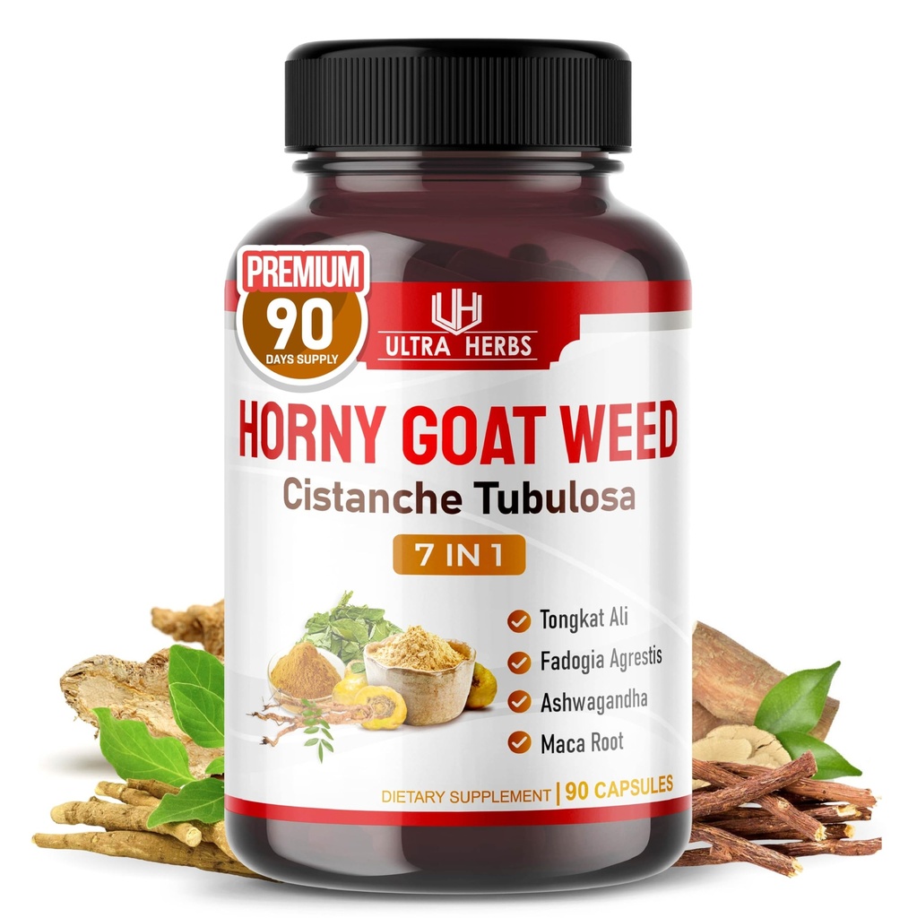 Ultra Horny Goat Weed Tongkat Ali Maca Root Tribulus - Creșterea energiei, rezistență și performanță cu Fadogia Ashwagandha Ginseng L-Arginine (90 Conte (Pachetul de 1)