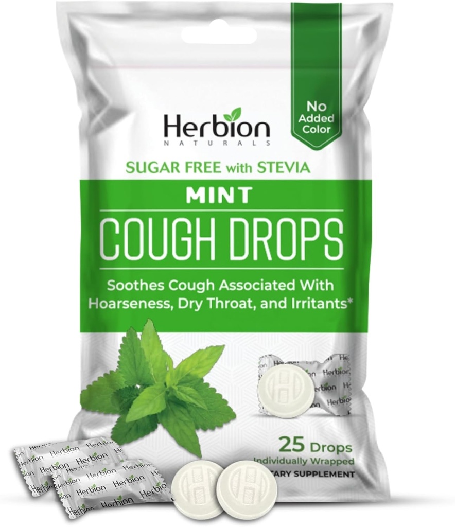 Herbion Naturals Cough Drops, Sugar-Free cu Stevia, Supliment alimentar, Soothes Tuse, pentru adulți și copii de peste 6 ani, 125 picături (Pachet de 5), menta