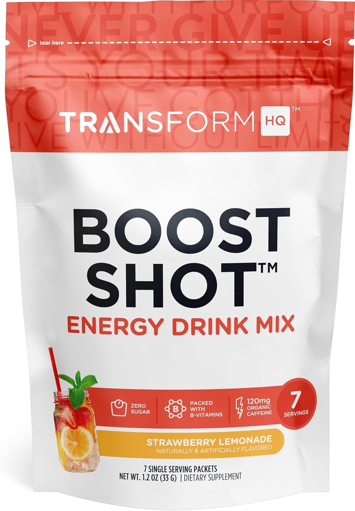 TransformHQ Boost Powder Drink Packets, Strawberry Lemonade, 7 Pack, Suplimente energetice pentru femei si barbati, cu cafeina, vitamina B12, B9, B6 & B3