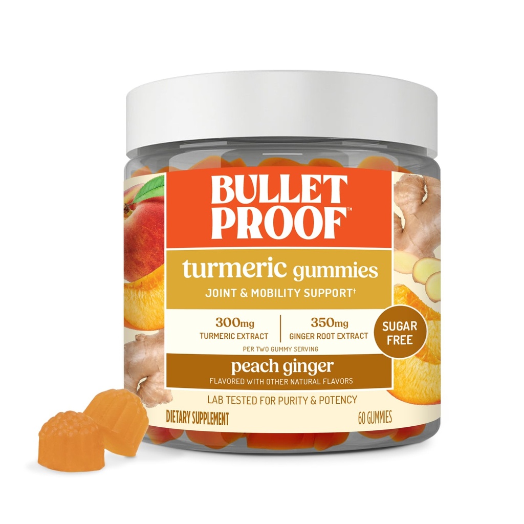 Buletproof Peach Ginger Turmeric Gumies, 60 Count, Keto Supliment pentru suport de răspuns comun și inflamație, nou și îmbunătățit aroma și tucură, ambalare mai Vary