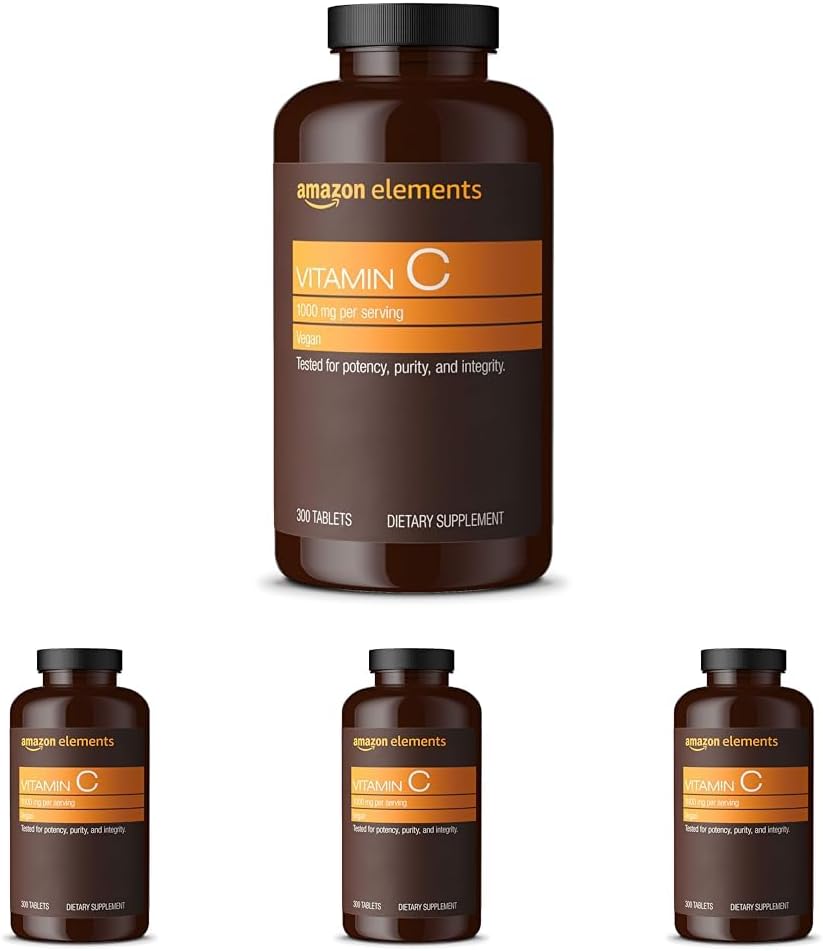 Elemente Amazon Vitamina C 1000mg, Suporturi Sistem imunitar sănătos, Vegan, 300 comprimate, 10 Luna de aprovizionare (Pachet de 4)