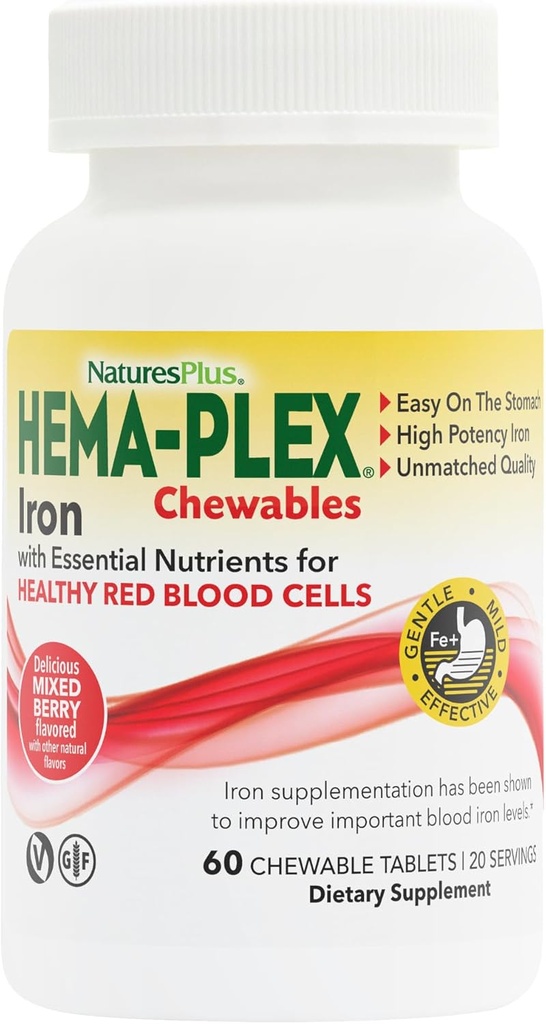Naturas Plus Hema-Plex fier - 60 Mixed Berry Chewables - 85 mg Elemental Fier - Total sânge Sănătate - cu vitamina C & Bioflavonoizi - non-GMO, Vegan & Gluten gratuit - 20 Serviri