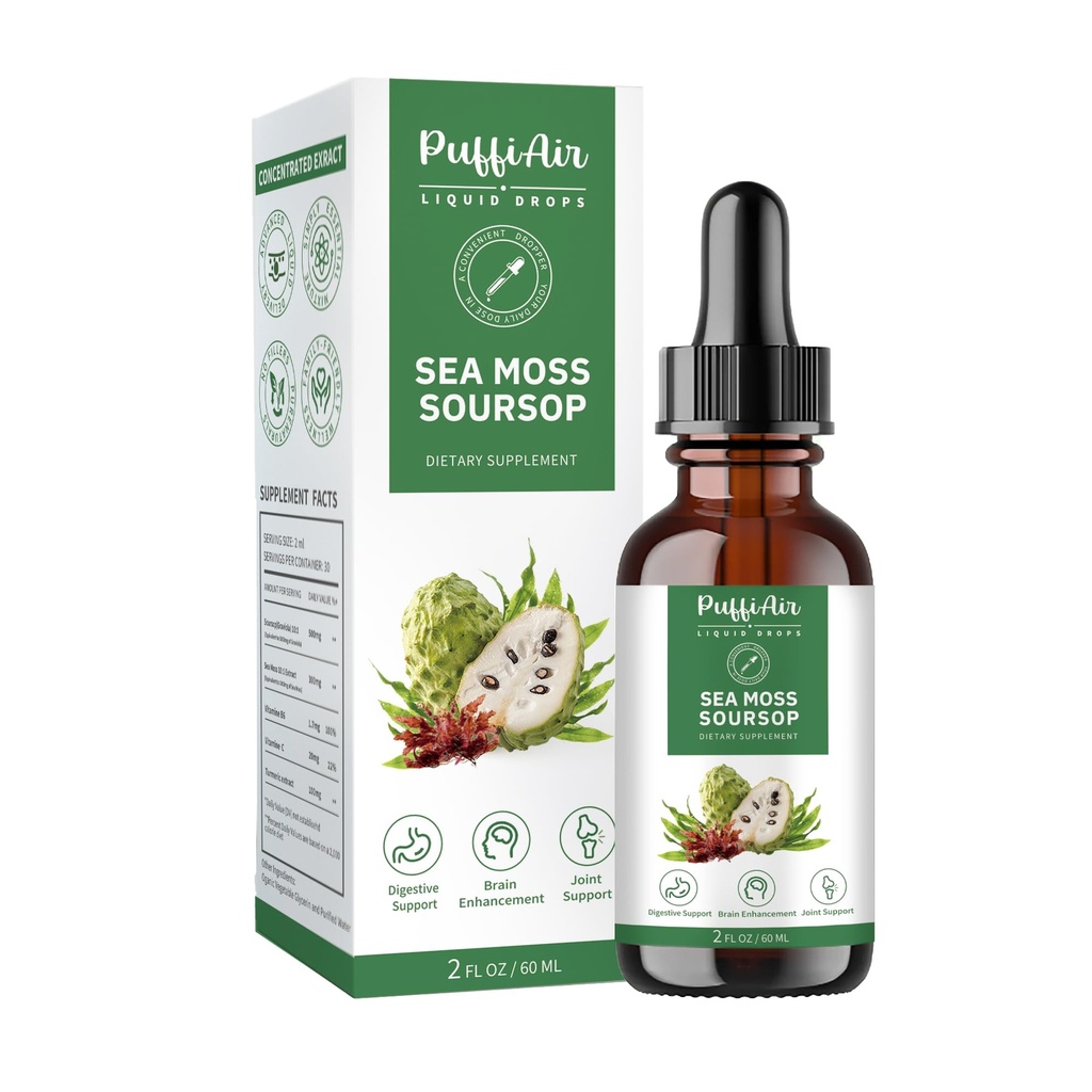 PUFFIAIR Soursop (Graviola) & Sea Moss Liquid Drop for Cell Support & Regeneration, Immune Boost, Relax, Ficat și Somn, Extract de plante, Zahăr/Gluten Free, Aromă naturală, 2 Fl Oz/60ml