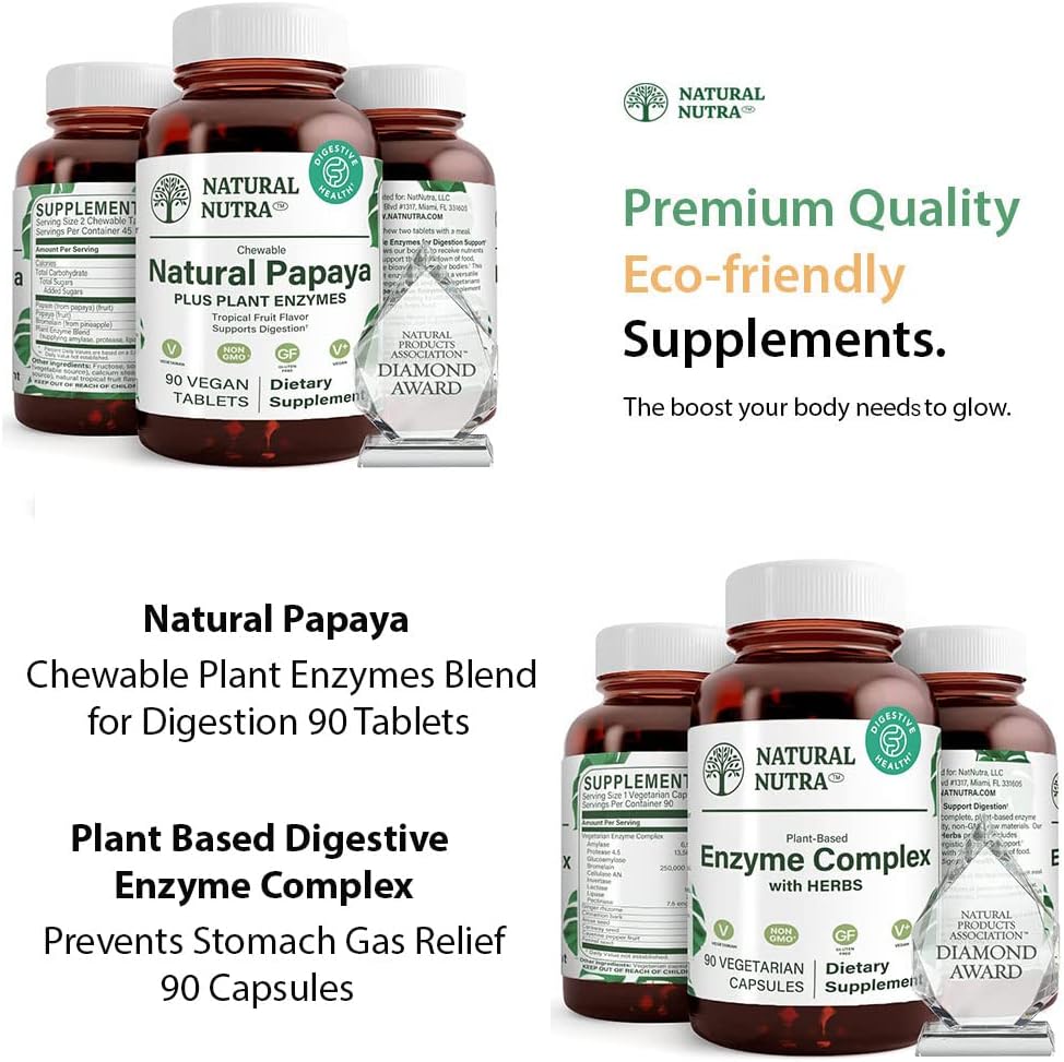 Natural Nutra Papaya Enzymes Plant Chewable Blend pentru Digestion 90 Chewable Vegan Tablete și Plant Bazed Digestive Enzyme Complex cu Herbs 90 Capsule Vegan pentru Digestion, Prevents Stomac.