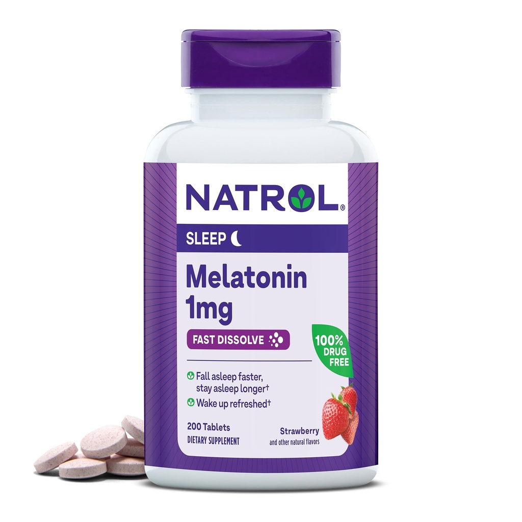 Natrol rapid dizolva Melatonina 1 mg, Suplimente pentru somn odihnitor, Sleep Support pentru adulţi, 200 comprimate melatonine cu căpşuni, până la 200 zile de aprovizionare