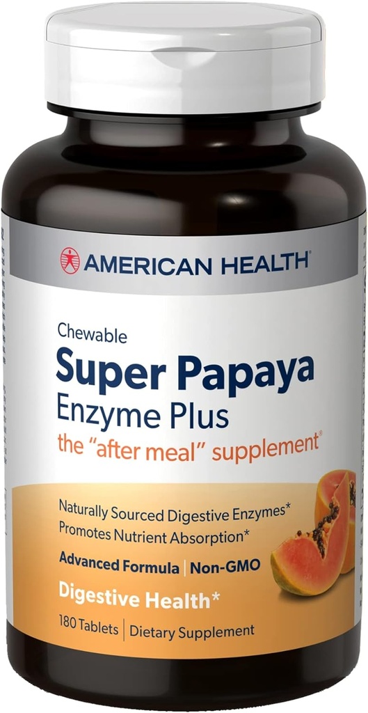 Sanatate Americana Super Papaya Enzim Plus - 180 Tablete masticabile - Suplimentul After-Meal - Non-GMO - 60 Serviri