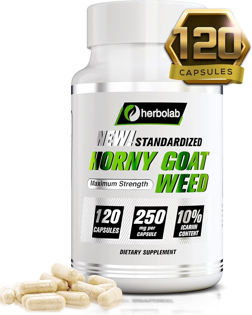herbolab Horny Goat Buruieni Extract, Standardizat la 10% Icariin, 250mg x 120 capsule (AKA Epimedium Extract, Barrenwort, Episcopul Pălărie, Zână Aripi, Yin Yang Huo)