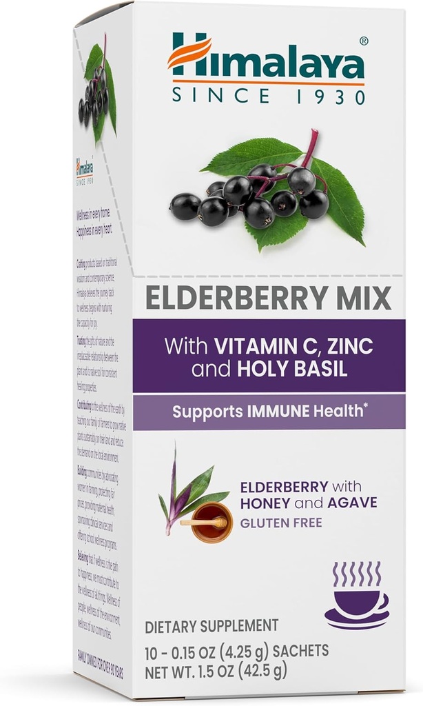 Himalaya Elderberry Mix, Drink Mix Supplement, Immune Support with Elderberry, Zinc, Vitamina C and Holy Basil, Cafeina Free, 10-0.15 oz (4.3 g) Packets, Easy to Mix, Gluten Free