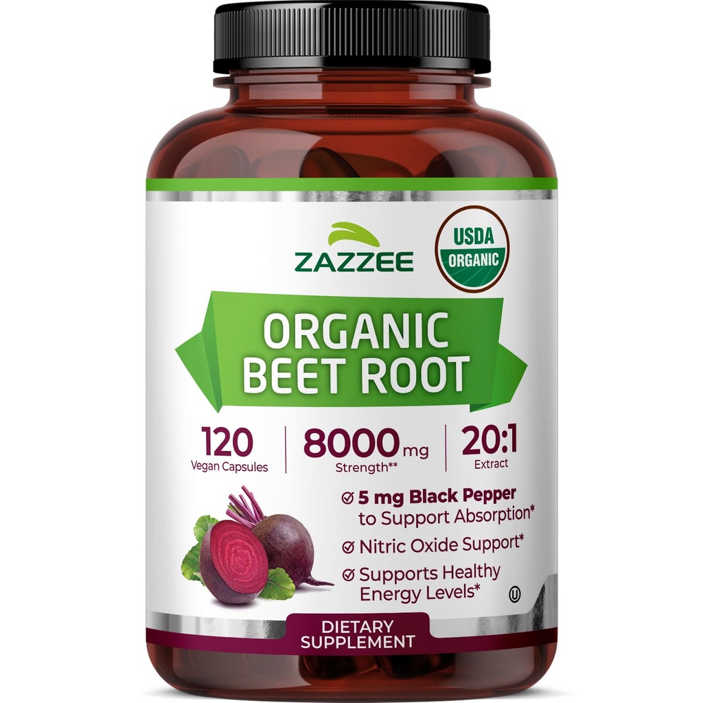 Zazzee USDA Organic Beet Root 8000 mg Putere 20:1 Extract, 120 Vegan capsule de lansare rapidă, Black Pepper Extract pentru absorbție îmbunătățită, susține producția de oxid de azot, Non-GMO, Made in the USA