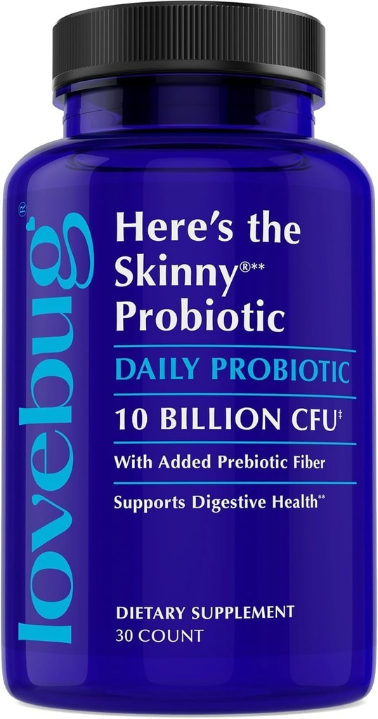 LOVEBUG Prebiotice Skinny și Probiotice pentru femei Digestive Sănătate și Asistență imună - 10 Miliarde UFC Trenuri probiotice cu gust de sănătate, gaz, constipație și balonare, 30ct