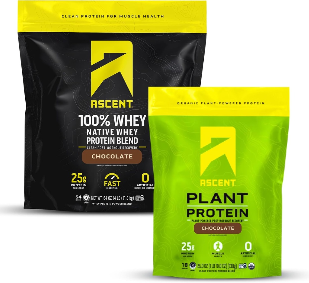 Ascent Whey 4 lb + Pudră de proteine vegetale 18 Serviri - Ciocolată