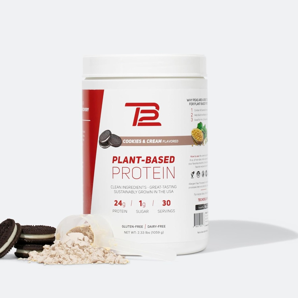 TB12 Pudră de proteine pe bază de plante de Tom Brady, 24g de proteine din mazăre Vegană, zahăr scăzut, carbohidrat scăzut, non-GMO, înlocuire de masă, Keto prietenos, Paleo, zahăr fără, cookie-uri și aroma de frişcă (30 Servings)