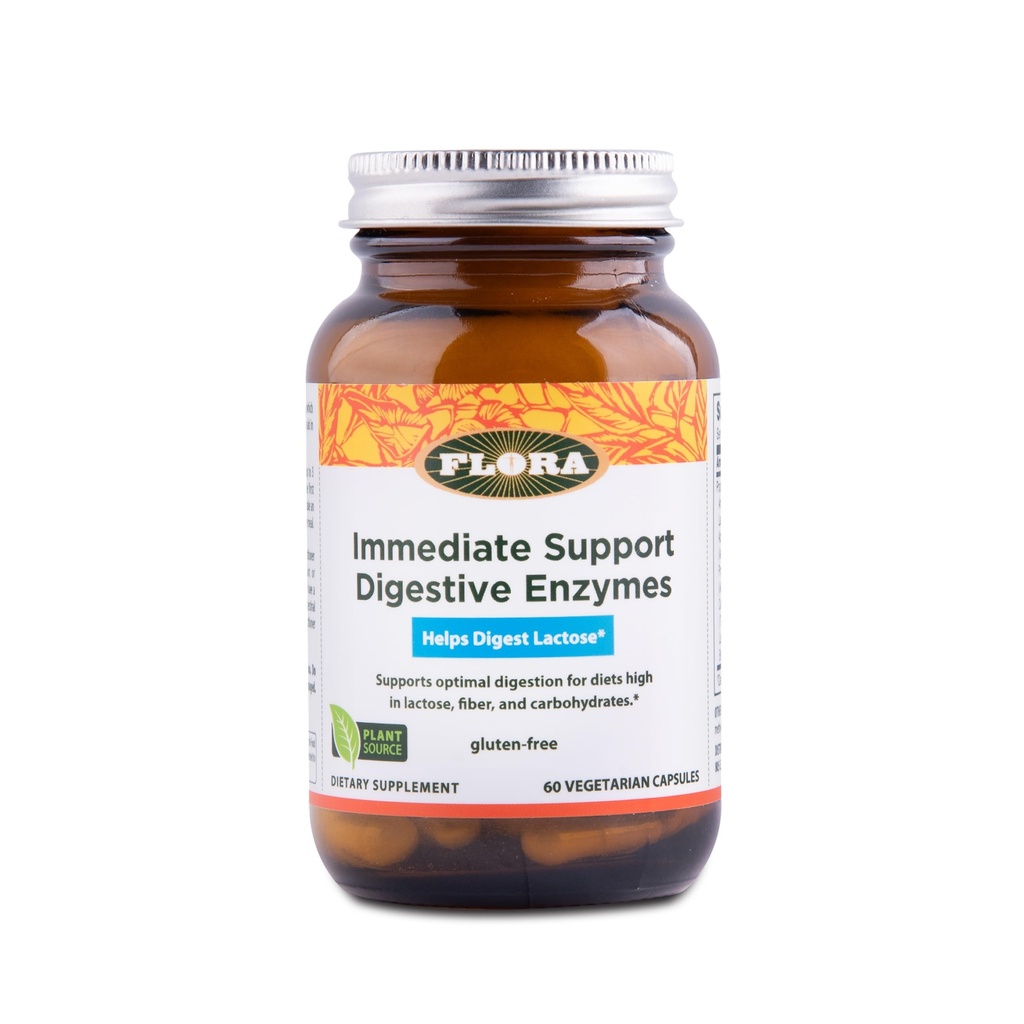 Flora - suport imediat Enzime digestive - Suportă Lactoză Digestia, Blooting, Arsuri la stomac și gaz - Conține 7 enzime - Gluten-free - 60 Capsule vegetariene