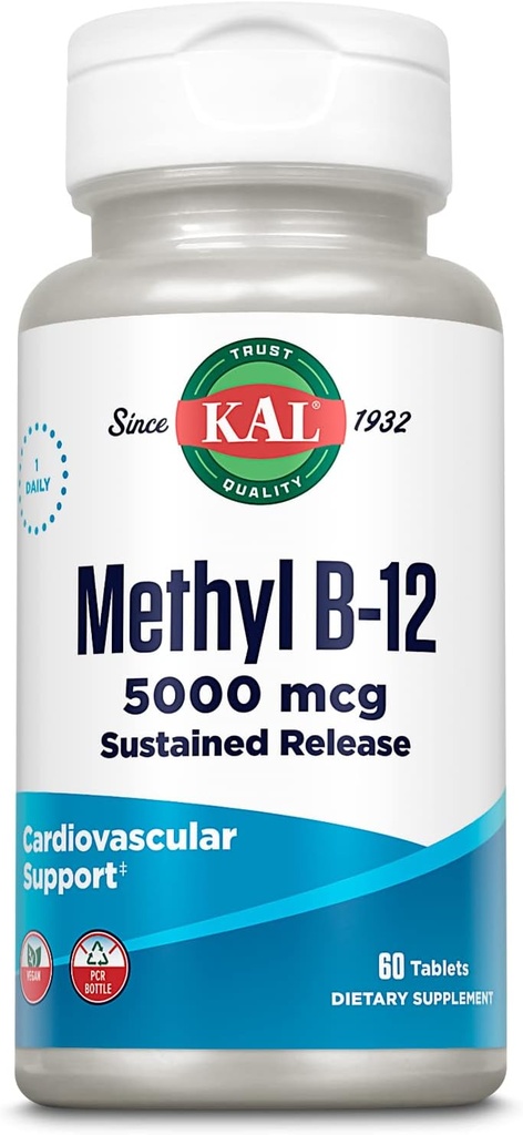 KAL Vitamina B12 Methylcobalamină 5000mcg, Energie Sanatosa, Metabolism, Nervi & Red Blood Cell Support,* Fast Dizolvation ActivMelts, Optimal Absorbtion, Natural Raspberry Flavor, 90 Servings, 90 Micro Tabs