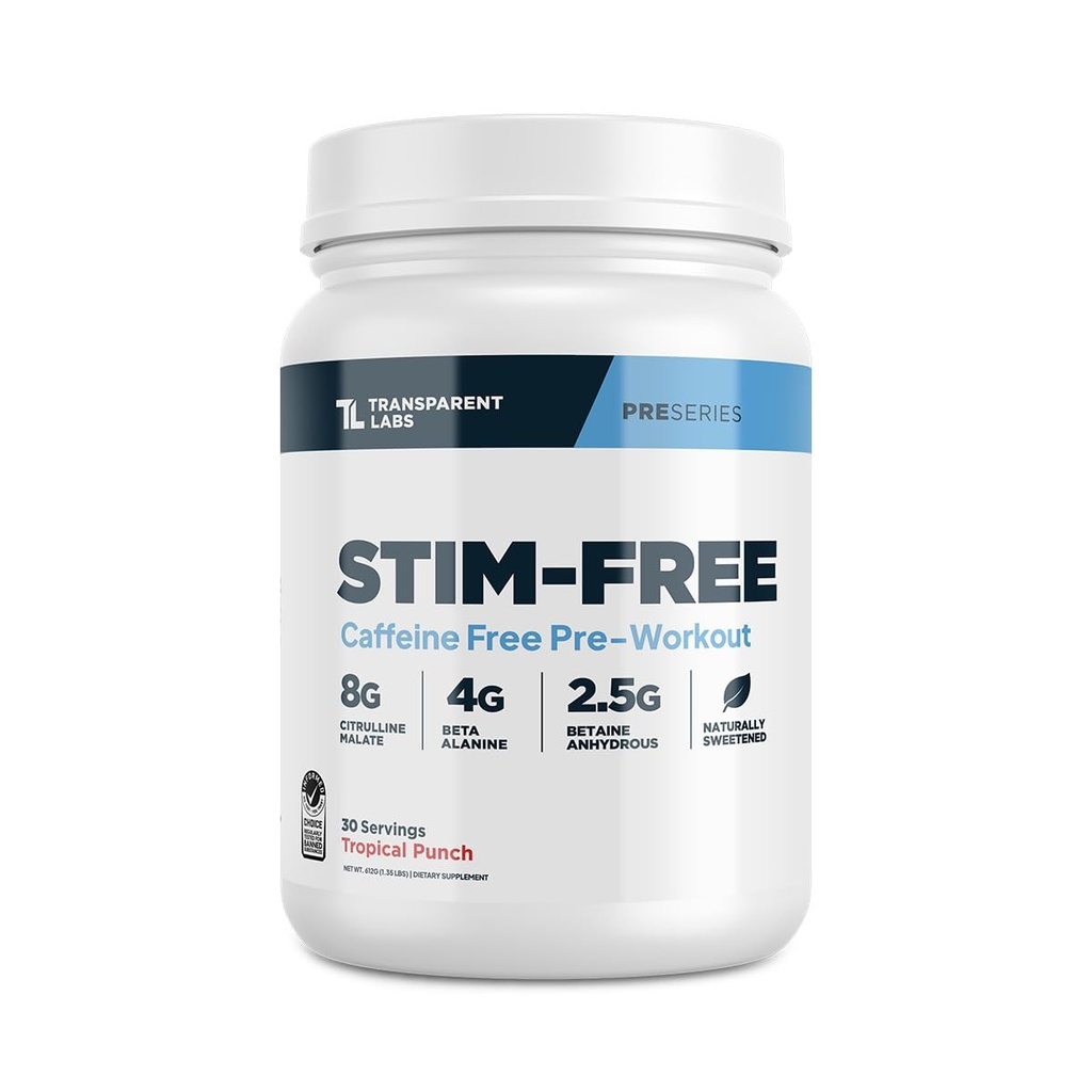 Labs Transparent Stim-Free Pre-workout - Caffeine & Stim Free Pre Workout pulbere pentru bărbați și femei cu Beta Alanine Powder, Citrulline Malate, & elivaTP - 30 Serviri, Tropical Punch