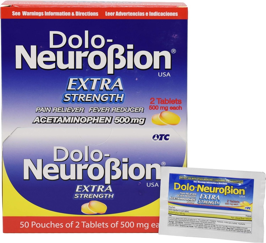 Neurobion Dolo Pain Reliever, Reducator de febră, Extra Putere, Fuerte, Alivia el Dolor, Reduce la Fiebre Dispenser 50 x 2 comprimate
