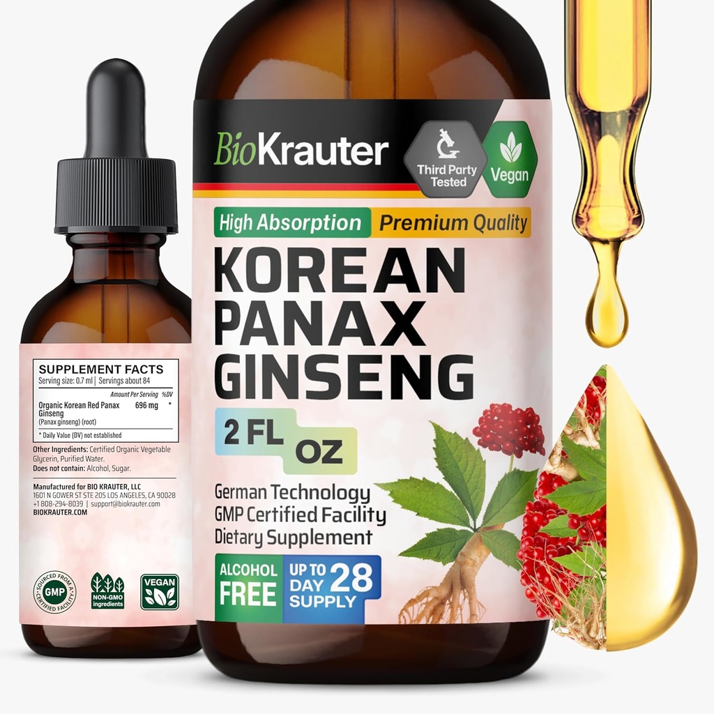 BIO KRAUTER Panax Ginseng Extract Liquid - Korean Red Ginseng Supplement Alcohol Free - Immune Support - Vegan, Sugar Free - 2 Fl.Oz.