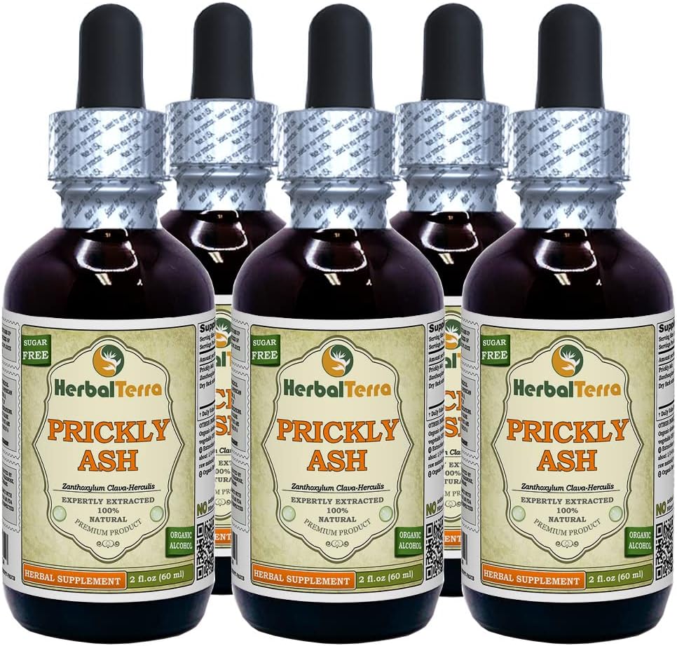 Prickly Ash (Zantoxilum Clava-herculis) Tinctură, Extract lichid de bark uscat (Brand Name: HerbalTerra, Proudly Made in USA) 5x2 fl.oz (5x60 ml)