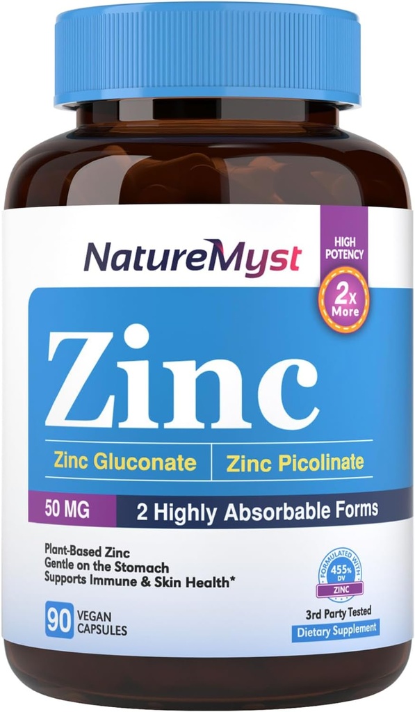 Zinc, extrem de absorbabil zinc Gluconat & zinc Picolinat, 50 mg zinc elementar, blând pe stomac, imun, Cell & Skin Health, 90 Vegan Caps