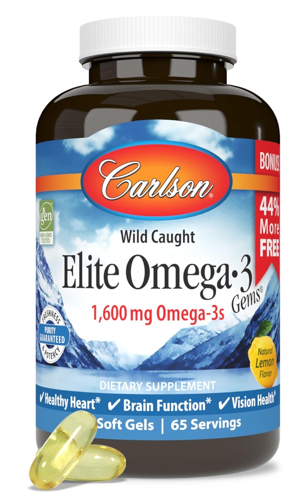 Carlson - Elite Omega-3 Gems, 1600 mg Omega-3 Acid gras, inclusiv EPA și DHA, Norvegiană, Wild-Caught Fish Oil Supplement, Susținabil surse Omega 3 capsule ulei de pește, Lemon, 130 Softgels