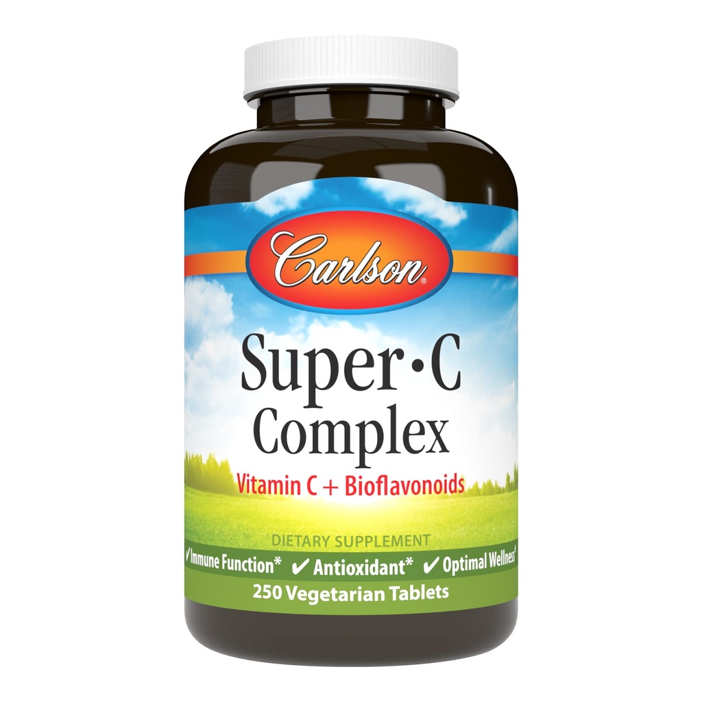 Carlson - Complex Super-C, Vitamina C + Bioflavonoide, Funcţia Imunală & Optimal Wellness, Antioxidant, 250 comprimate vegetariene