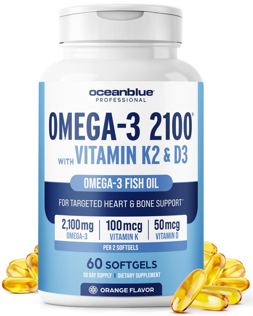 Oceanblue Professional Omega-3 2100 cu vitamina K2 și vitamina D3-60 Conte - Triple Putere Burpless pește ulei Omega-3 Supliment cu EPA, DHA & DPA - Wild Caught - Orange Flavor, 30 Serviri