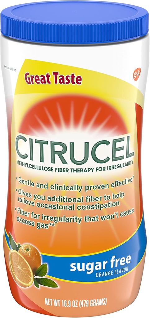 Citrucel de zahăr pulbere de fibre gratuit pentru constipație ocazională Relief, metilceluloză pulbere de fibre, aroma portocalie - 16.9