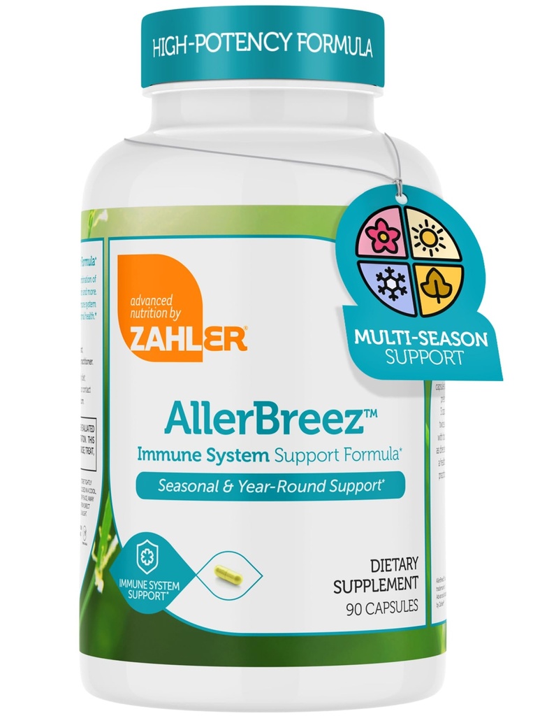 Zahler AllerBreez Immune System Support Formula cu vitamina C, Querbetin, vitamina B5, MSM & Stinging Nettle - Sezonier & Year-Round Immune Supplement Supplement, Dist Alergia Supliment (90 capsule)