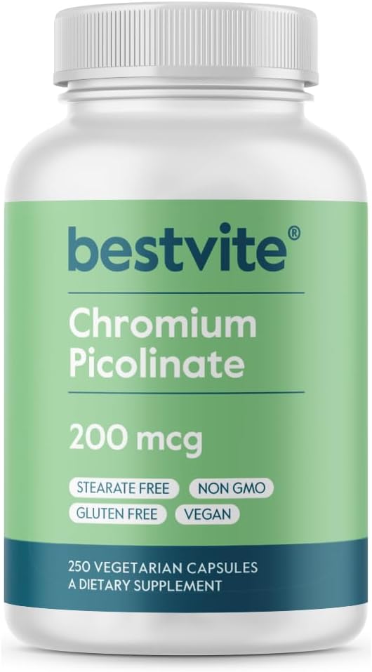 BESTVITE Chromium Picolinate 200mcg (250 Vegetarian Capsules) - No Stearates - No Dicalcium Phosphate - Vegan - Gluten Free - Non-GMO