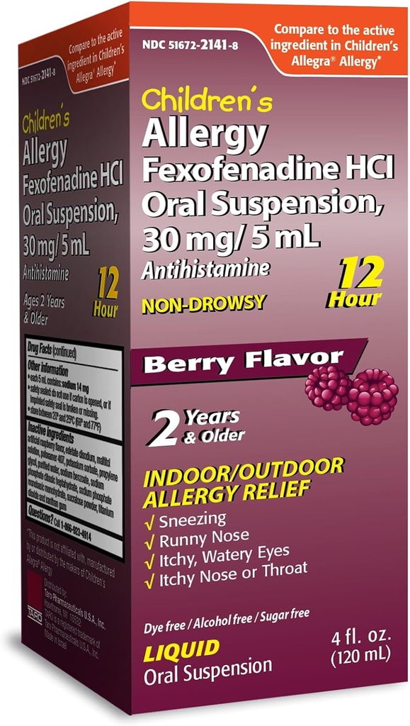 TARO 12HR Alergie Ajutor antihistaminic non-drowsy lichid, aroma Berry, alcool-free, Dye-Free & Sugar Free, HCl Fexofenadină (4 oz)