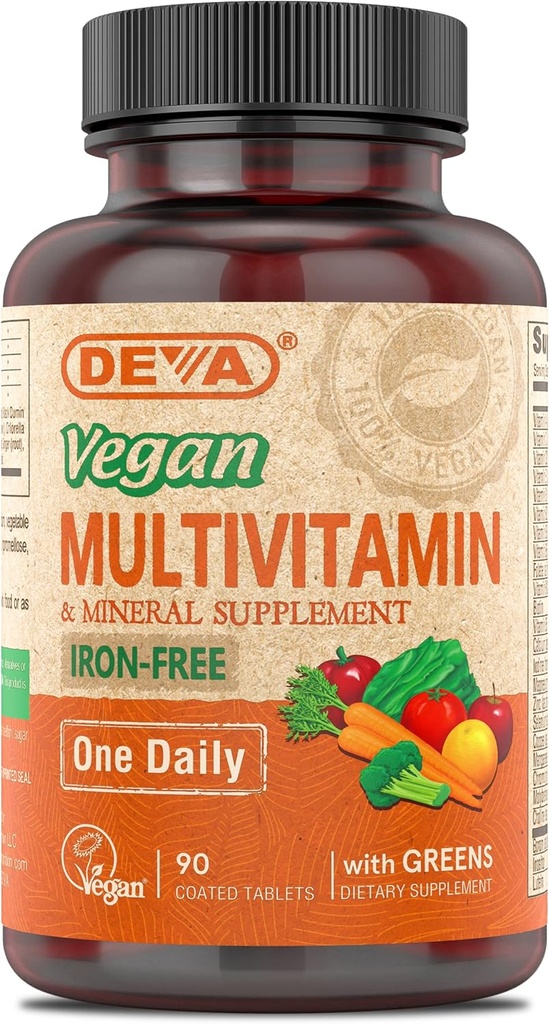 DEVA Vegan gratuit de fier Multivitamine & minerale Supliment, Green Food Blend, Spirulina, Chlorella, Ashwagandha, Broccoli, 90 comprimate filmate