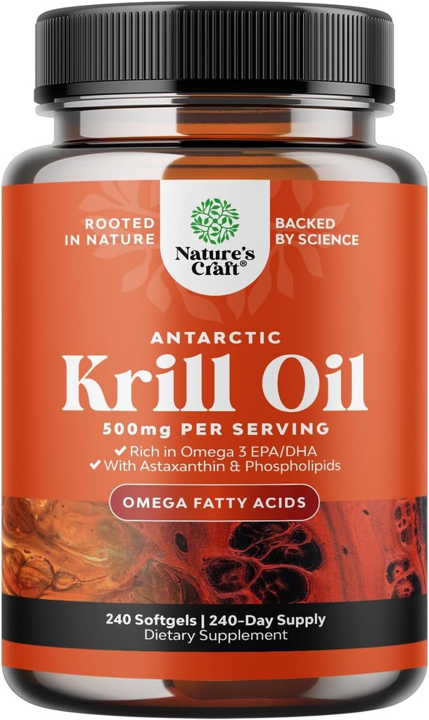 Antarctica Krill Oil 500mg Softgels - Omega 3 Krill Suplimentul de ulei cu EPA DHA & Astaxanthin pentru creier comun și inimă - 3rd Party Lab testat fără OMG-uri gluten sau gust de pește (până la 8 luni de aprovizionare)