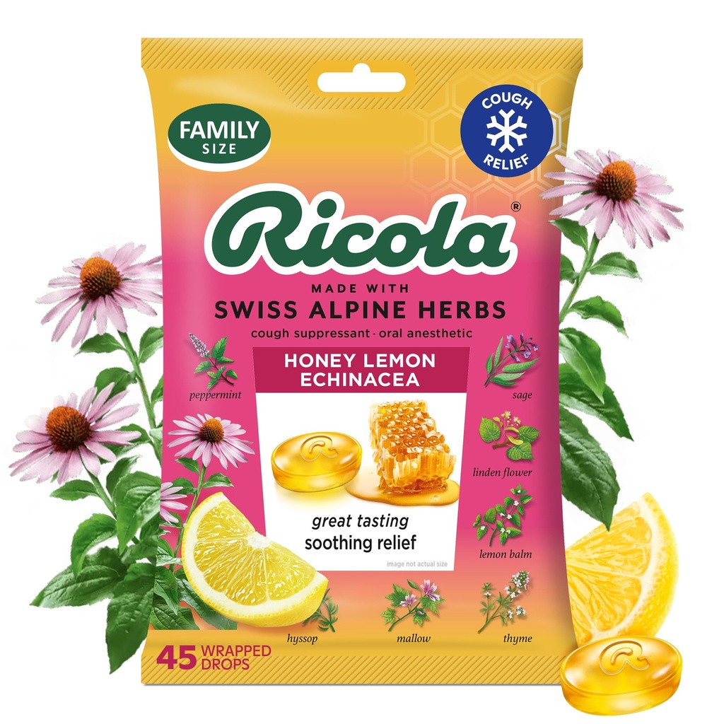 Ricola Honey Lemon cu Echinacea Cough Drops, 45 Count, Delicious Throat Relief & Care, Oral Anestezic, natural aromat
