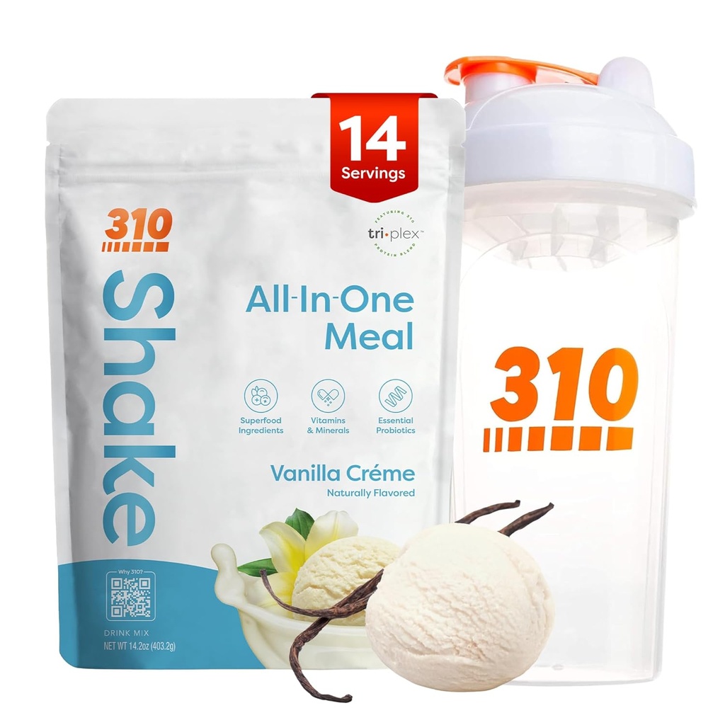 310 Nutritie All-in-One Masă de înlocuire Shake Powder w/Shaker Cup Starter Kit - High Proteine Fiber Rich Vegan Superfood Blend - Sugar-Free, Keto & Paleo Friendly, Low Carb - Vanilla Creme 14 srv