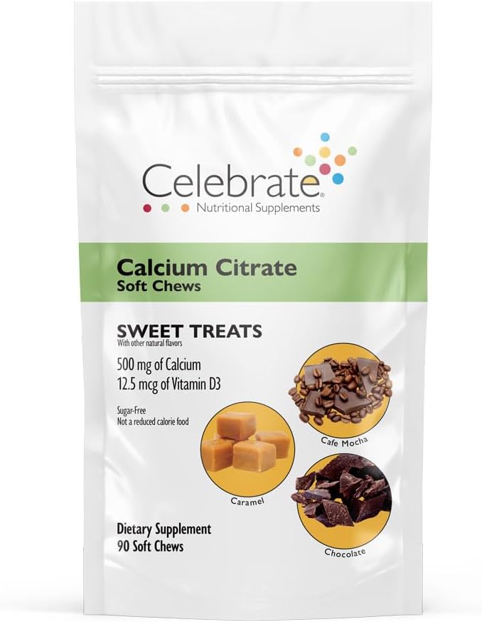 Sărbătoriţi vitaminele Bariatrice Citrat de calciu Chews moi cu vitamina D3, 500 mg, Citrat de calciu fără zahăr şi gluten gratuit pentru pacienţii bariatrici, Tratamente dulci, 90 Conte