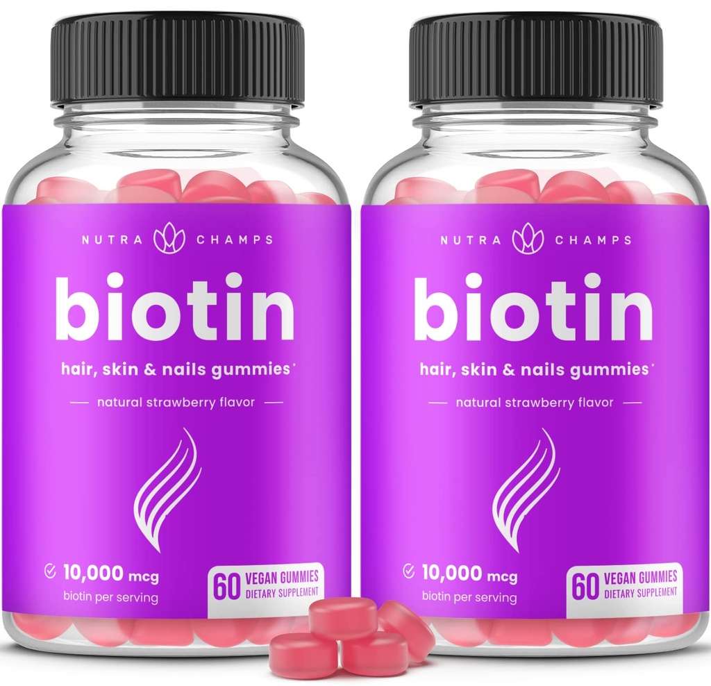 NutraChamps (2 ambalaj) Biotin Gumries 10.000mcg [Potență mare] pentru parul sanatos, piele si unghii pentru adulți și copii - 5000mcg în fiecare guma de mestecat - Vegan, non-GMO, Pectin-Based Hair Health Supplement