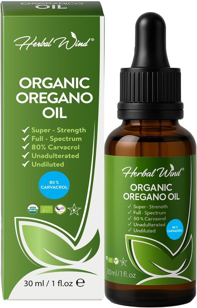 Ulei organic de Oregano - 1 Fl Oz (30ml), 80% Carvacrol USDA Picături lichide organice de ulei de Oregano, concentrate pe plante, non-GMO, Suplimente vegetale