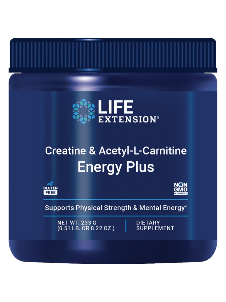 Life Extensie Creatine Acetil-L-Carnitine Energy Plus, Suplimentul de suport energetic, creatină monohidrat, Acetil-L-carnitină, Gluten-Free, Non-GMO, Vegetarian, 30 Servings