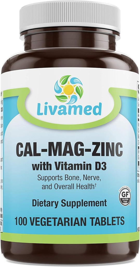 Cal-Mag-Zinc Chelated with Vitamina D3, Bone supliment de rezistență - oase sănătoase și dinți, inimă, mușchi și sistem cardiovascular sănătos - Cele mai bune alimente integrale Vitamina si Complex mineral-100 Vegan Caps