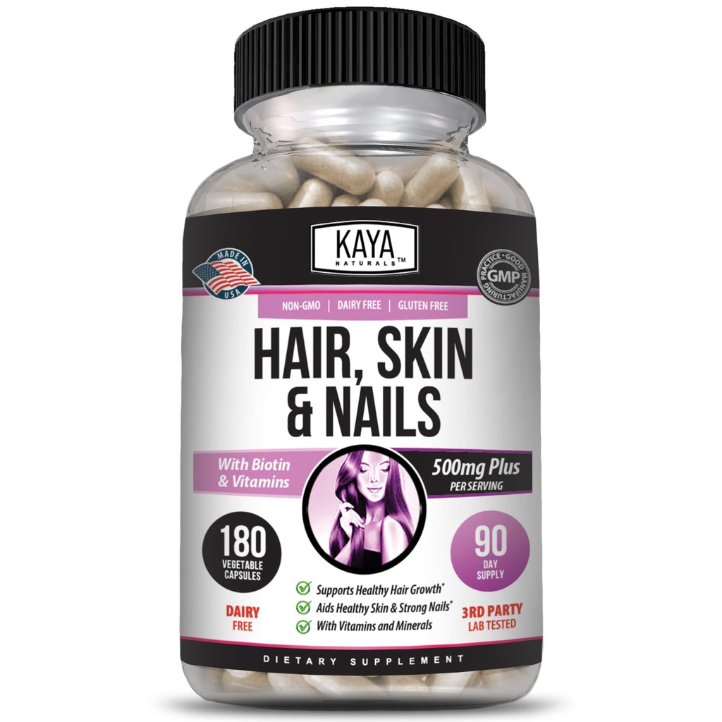 Kaya Naturals Piele de par Capsule de unghii BIOTIN Vitamina D Vitamina B-12 A Suport acid folic, Suportul parului Suplimentul de vitamine - 180 Conte